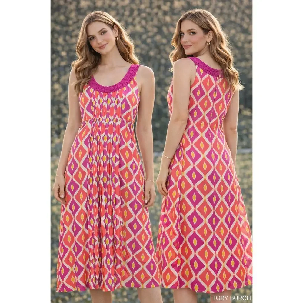 Tory Burch Silk Geometric Print Sleeveless Midi Dress Pink Orange Sz 8‎